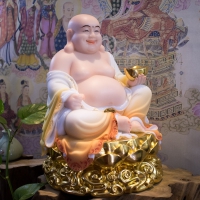 Tượng Phật Di Lặc Bột Đá Khoáng Đài Sen Vàng - 32cm9