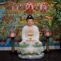 Tượng Phật Di Đà Ngồi Bột Đá Ngọc Vẽ Gấm 50cm1