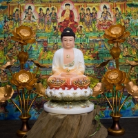 Tượng Phật A Di Đà Phật Áo Vẽ Màu Khoáng Gấm Viền Vàng Đài Sen 40cm1