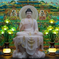 Tượng Phật A Di Đà Đá Thạch Anh Hồng Ngồi Bệ Đá Viền Vàng 75cm1