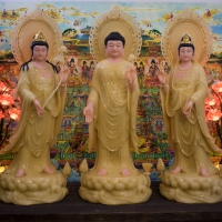 Tượng Phật Tam Thánh Đá Thạch Anh Lá Đề Nhỏ 88cm1