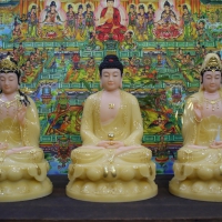 Tượng Tam Thánh Phật Đá Thạch Anh Viền Vàng 48cm