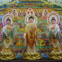 Tượng Phật Tam Thánh Đứng Hoa Văn Gấm Sen Dát Vàng 49cm